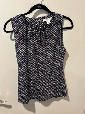 White House Black Market Navy & White Tweed Sleeveless Shell with Jewel Neck